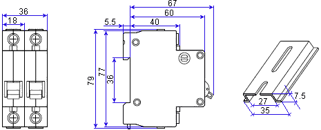 Circuit breaker DZ47-63 2P dimensions