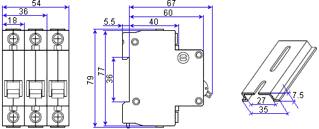 Circuit breaker DZ47-63 3P dimensions