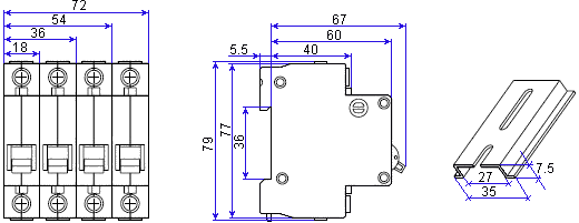 Circuit breaker DZ47-63 4P dimensions