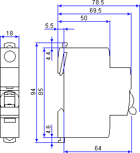 Dimension circuit breaker iC60N 1P