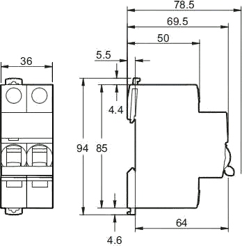 Dimension circuit breaker iC60H 2P