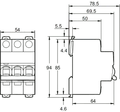 Dimension circuit breaker iC60H 3P