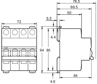 Dimension circuit breaker iC60H 4P
