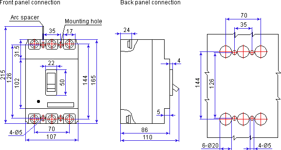 Circuit breaker AM1-225L dimensions