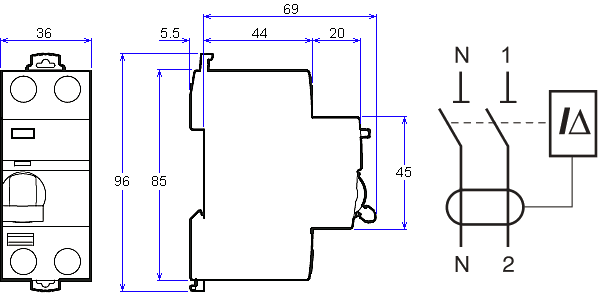 Размеры дифференциального двухполюсного выключателя серии iID