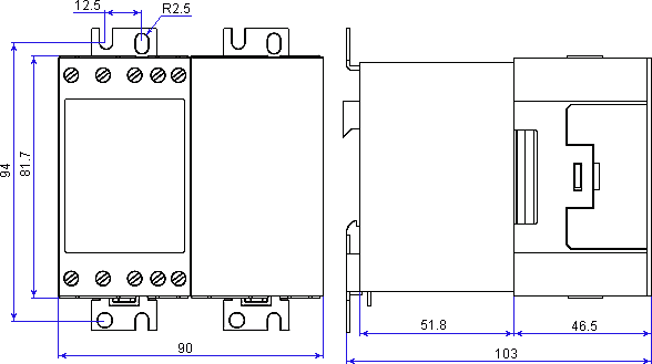 Основные размеры трехфазного контактора R300.25