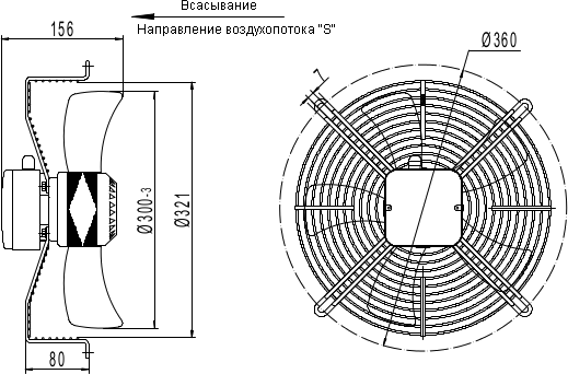 Dimensions of the axial fan YWF.A4S-300S-5DIA00
