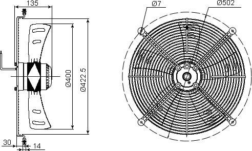 Dimensions of the axial fan YWF.A4S-400B5CII-A00