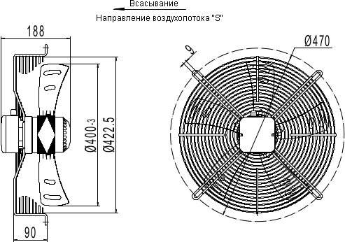 Dimensions of the axial fan YWF.A4S-250S-5DIA00