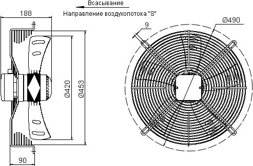 Dimensions of the axial fan YWF.A4S-420S-5DIA00