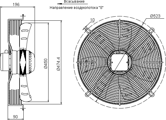 Dimensions of axial fan YWF.A4S-450S7DI-A01