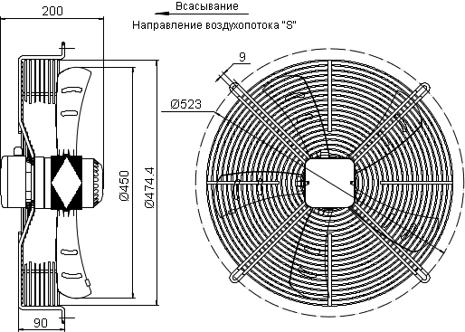 Dimensions of the axial fan YWF.A6S-450S5DI-A00