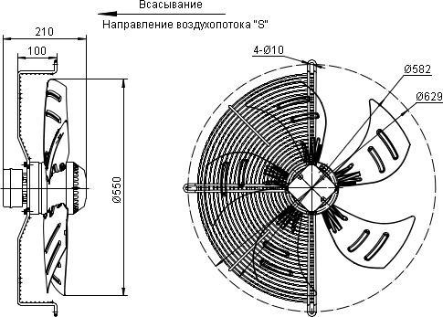 Dimensions of the axial fan YWF.A6S-550S5DI-A00