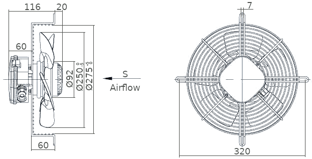Axial fan YWF2E-250S dimensions