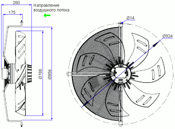 Dimensions of the axial fan YWF.A6T-800S7DI-A00