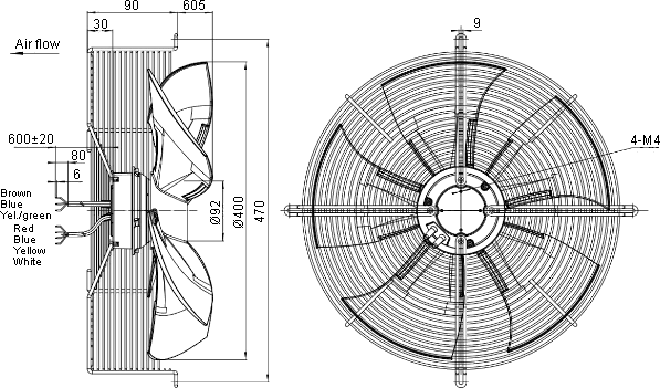 Dimensions of EC axial fan EC092/25E3G01-AS400/88P1-02-G