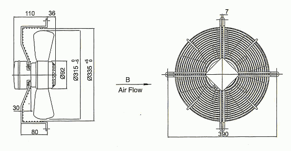 Dimensions of axial fan YWF4E-315B