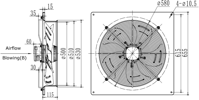 Dimensions of axial fan YWF4D-500B-137/70-B