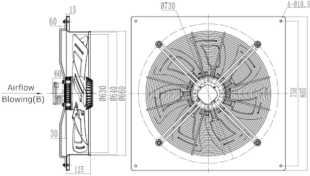 Dimensions of axial fan YWF4D-630B-168/65-B