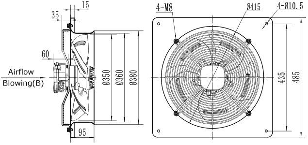 Dimensions of axial fan YWF4E-350B-102/47-B