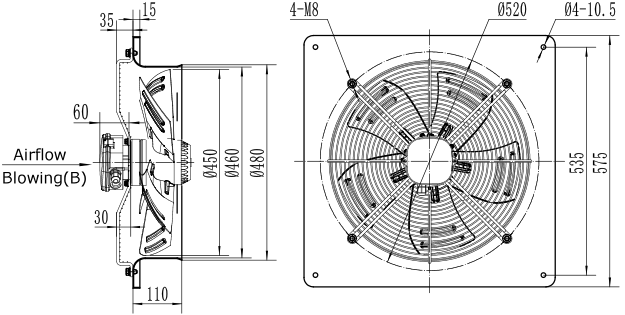 Dimensions of axial fan YWF4E-450B-102/60-B