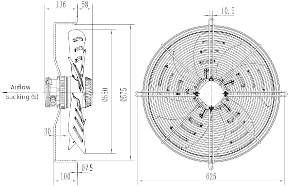 Dimensions of axial fan YWF4E-550S-137/50-G