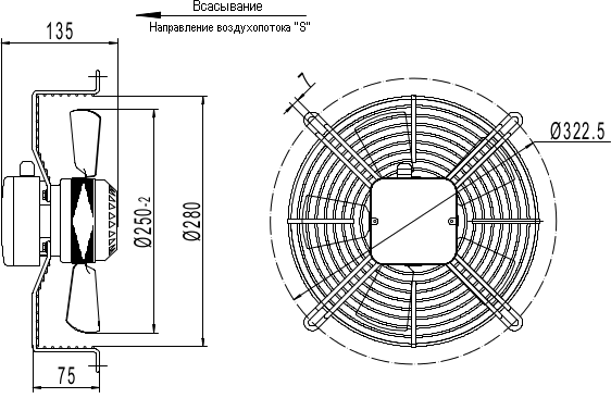 Dimensions of the axial fan YWF.A4S-250S-5DIA00