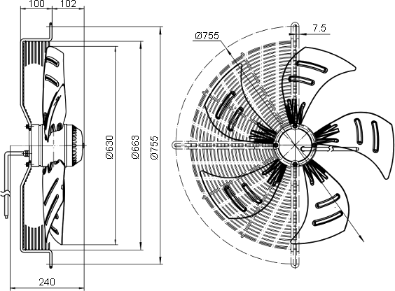 размеры вентилятора осевого YWF.A4T-630B5DII-A00