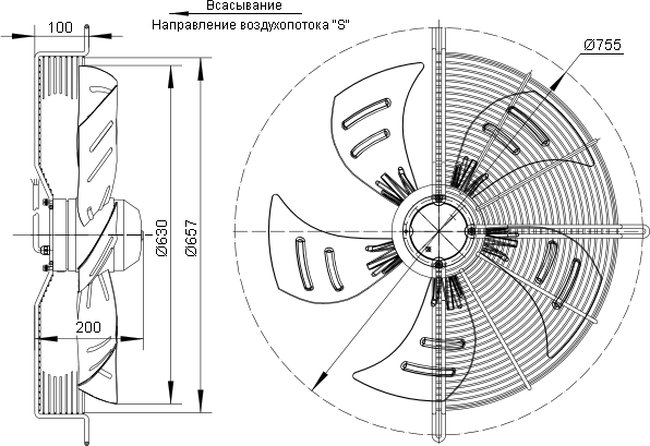 Dimensions of the axial fan YWF.A4T-630S5DII-A00