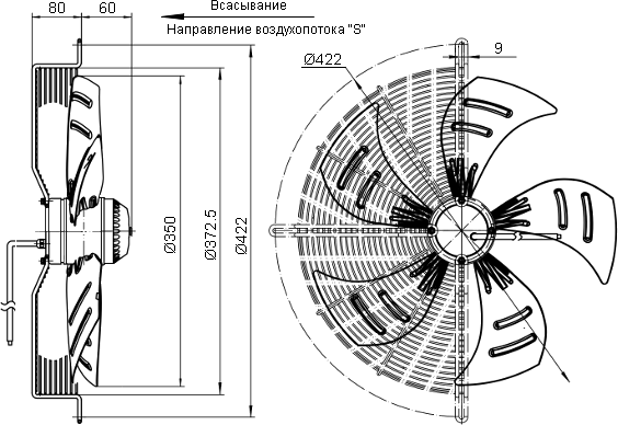 Dimensions of the axial fan YWF.A6T-350S5DII-A00