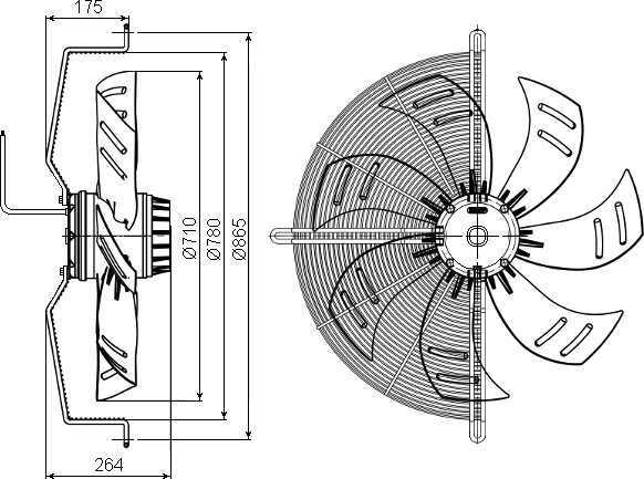 Dimensions of the axial fan YWF.A6T-710B7DII-A00
