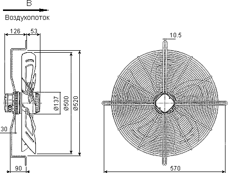 Dimensions of axial fan YWF4E-500B
