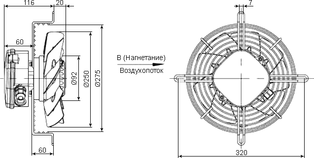 Axial fan YWF2E-250B dimensions