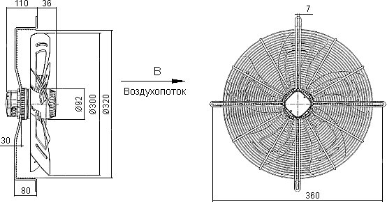 Размеры нагретающего осевого вентилятора YWF4D-300B