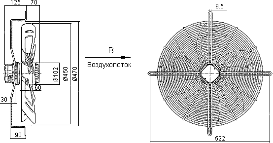 Размеры вентилятора осевого YWF4E-450B