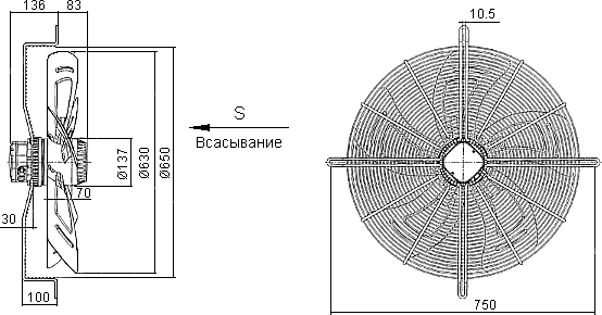 Размеры осевого вентилятора YWF4D-630S