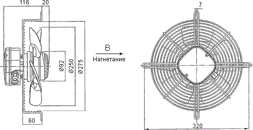 Размеры вентилятора осевого YWF4E-250B