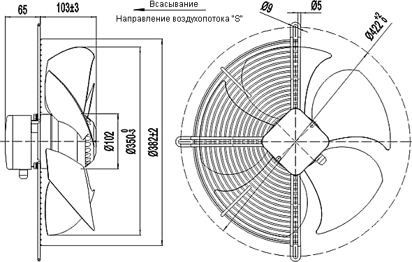 Dimensions of the axial fan YWF.A4S-350S5BI-A00