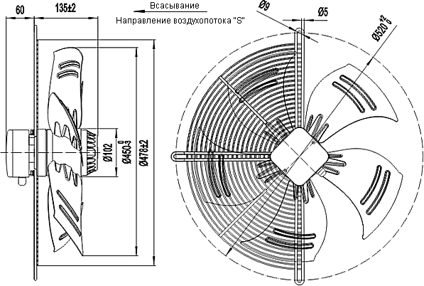 Dimensions of the axial fan YWF.A4S-450S5BI-A00