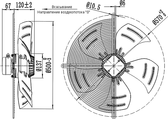 Dimensions of the axial fan YWF.A4S-500S5BI-A00