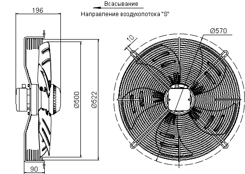 Dimensions of the axial fan YWF.A6S-500S5DI-A00