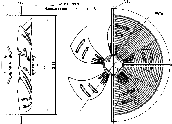 Dimensions of the axial fan YWF.A6S-600S5DI-A00