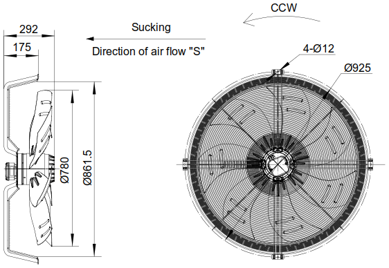 Dimensions of the axial fan YWF.A6T-800S-7DIS10