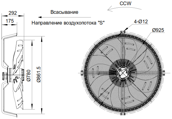 Размеры осевого вентилятора YWF.A6T-800S-7DIS10