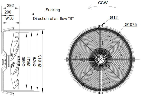 Dimensions of the axial fan YWF.A6T-900S-7DIS10
