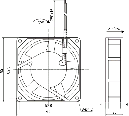 Размеры компактного осевого вентилятора AC-09225MBW-220