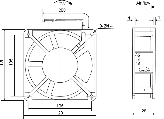 Размеры компактного осевого вентилятора AC-12025MSW-220-P