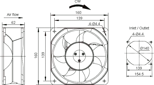 Compact axial fan AC-16062HBW-220 dimensions