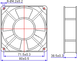 Габаритные размеры осевого вентилятора YZ-8038