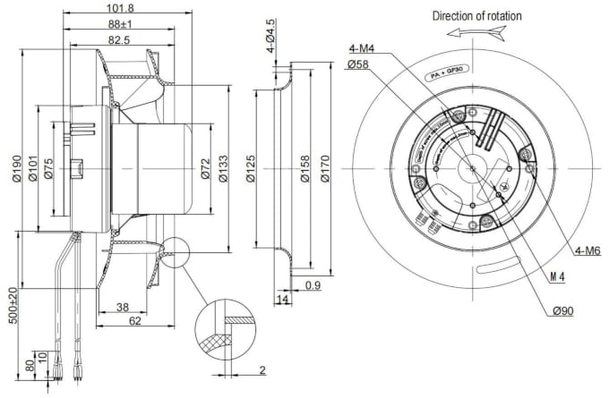 Dimensions of centrifugal fan ESB-19038-230EP